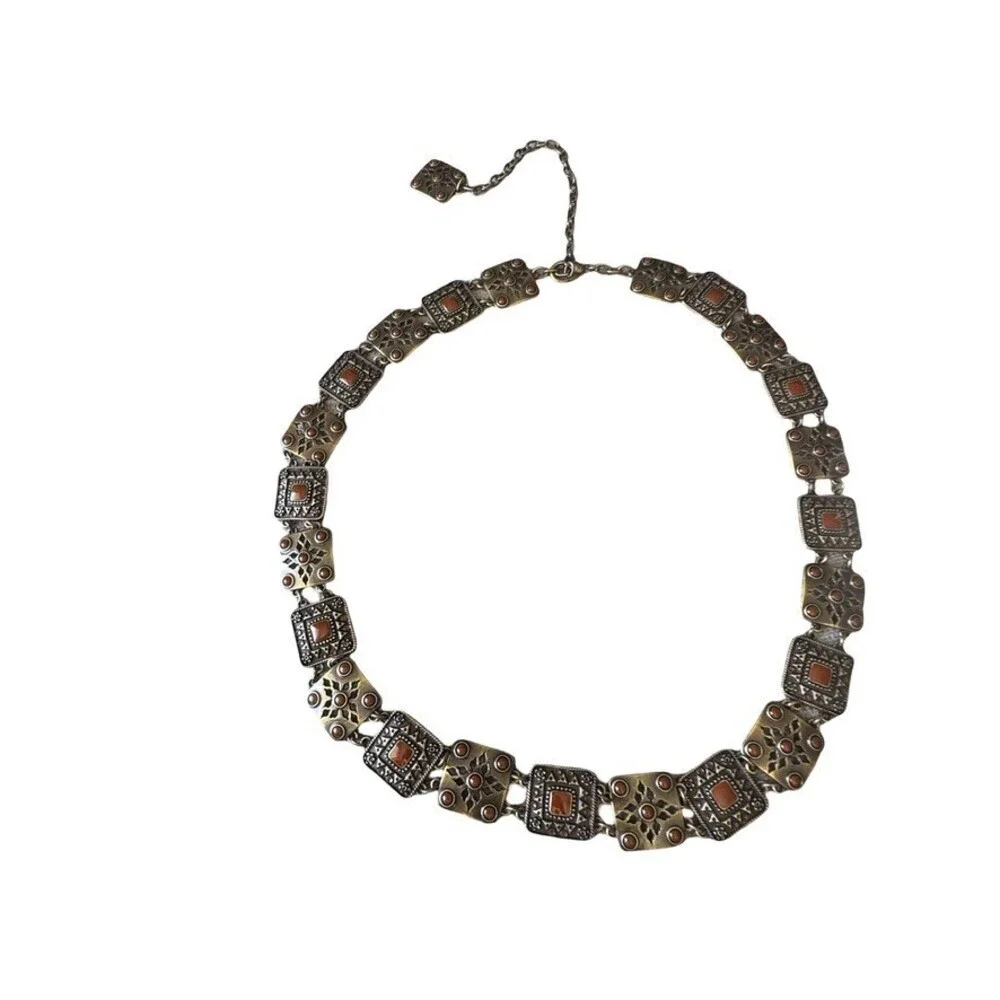 Vintage 90's Antique Brass Hammered Square Brown Cabochon Chain Belt size L / XL
